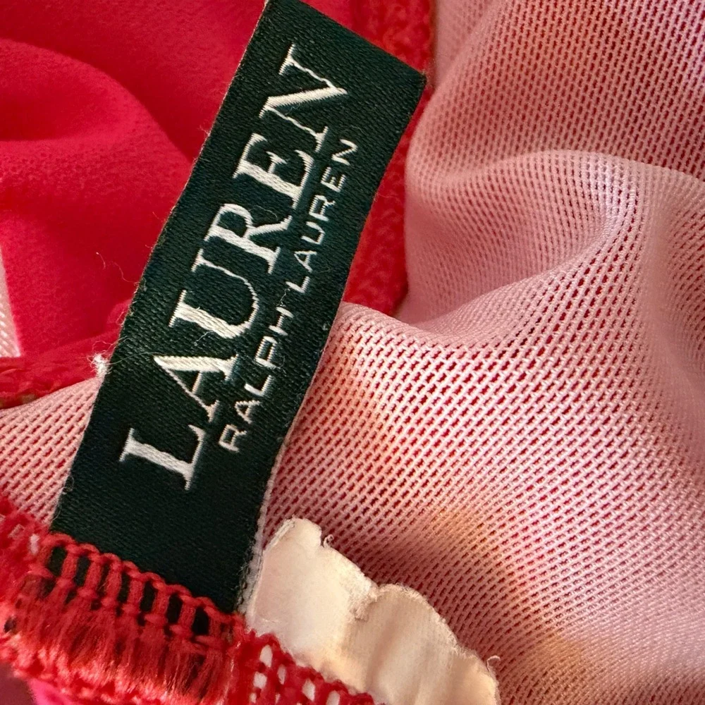 Lauren Ralph Lauren One Piece Swimsuit Womens 10 Pink Ruched Ruffle‎ V-Neck Slim